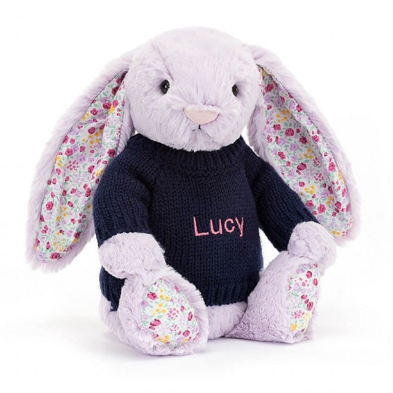 Jellycat Blossom Jasmine Lapin with Personalised Navy Jumper MEDIUM - H31 X W12 CM | 81623VTGL