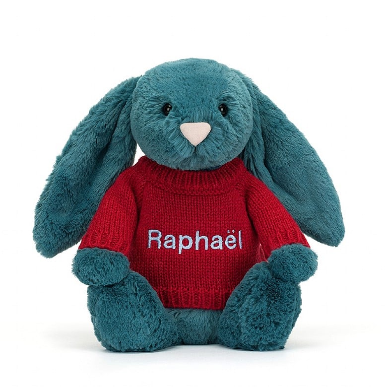 Jellycat Bashful Mineral Blue Lapin with Personalised Red Jumper MEDIUM - H31 X W12 CM | 38164YHXF