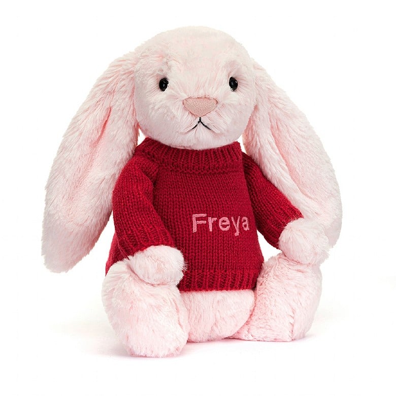 Jellycat Bashful Pink Lapin with Personalised Red Jumper MEDIUM - H31 X W12 CM | 60534UOGA