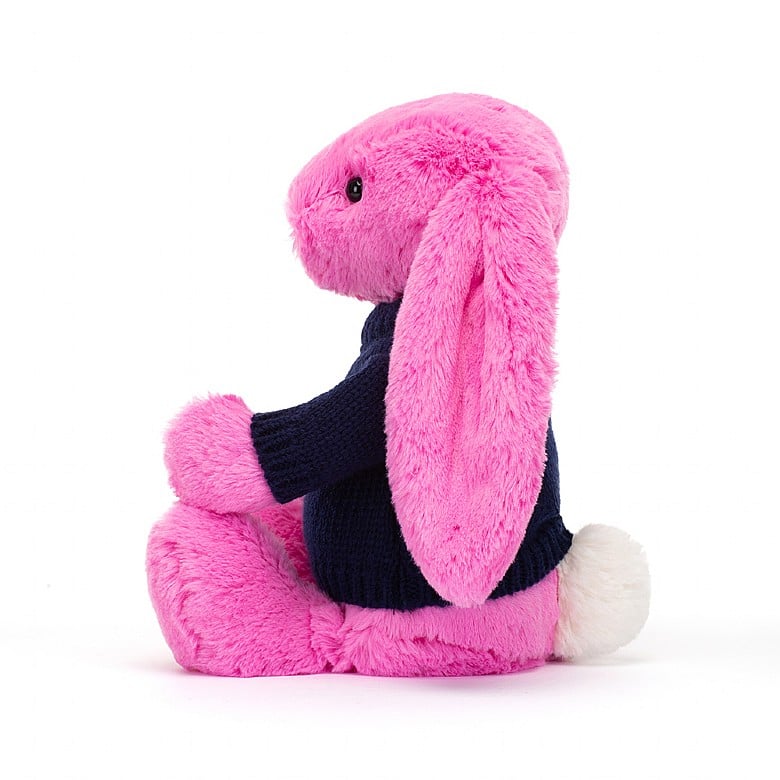 Jellycat Bashful Hot Pink Lapin with Personalised Navy Jumper MEDIUM - H31 X W12 CM | 13856APMO