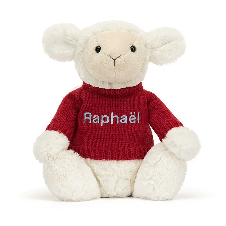 Jellycat Bashful Lamb with Personalied Red Jumper MEDIUM - H31 X W12 CM | 02813HDIY