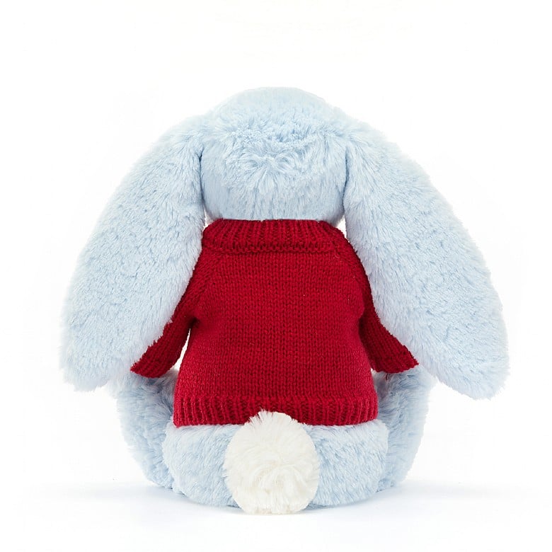 Jellycat Bashful Blue Lapin with Personalised Red Jumper MEDIUM - H31 X W12 CM | 53012ZFMG