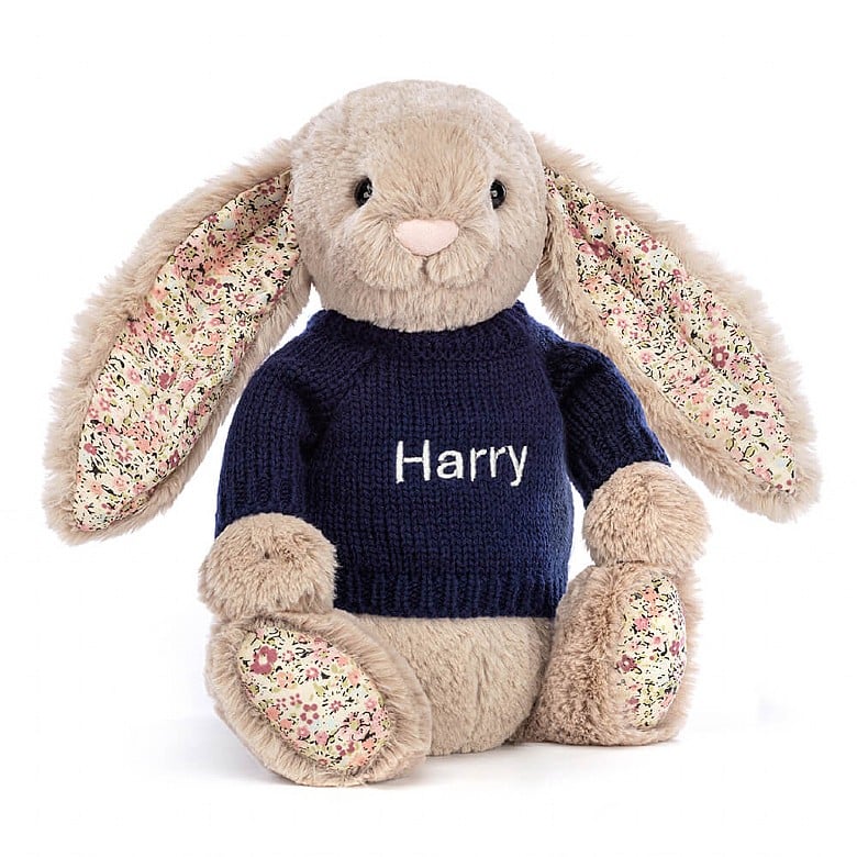 Jellycat Blossom Bea Beige Lapin with Personalised Navy Jumper MEDIUM - H31 X W12 CM | 65941VEWI